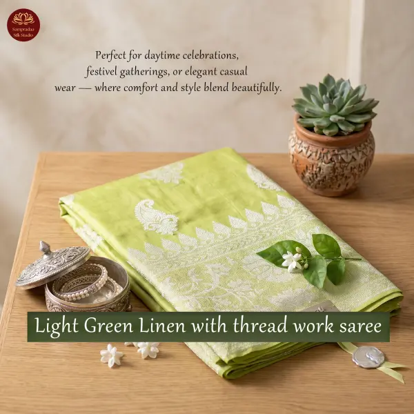 Light Green Linen with thread work saree
