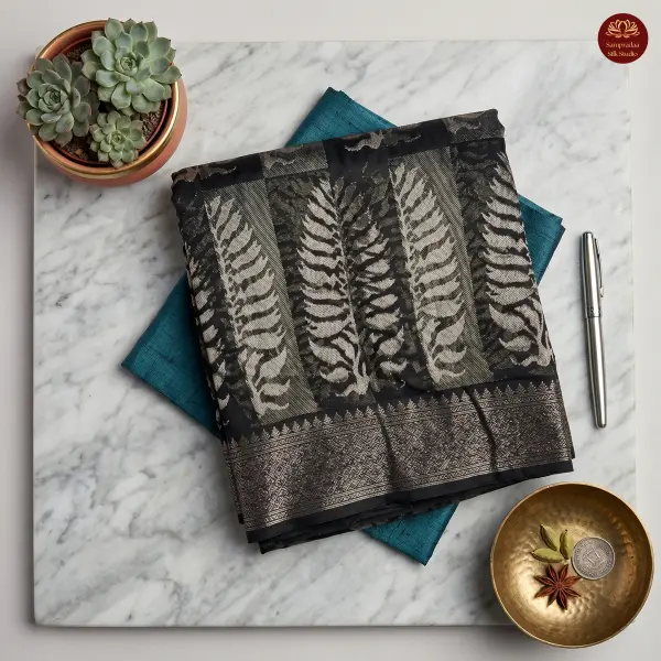 Black & Grey leaf design Pure cotton saree