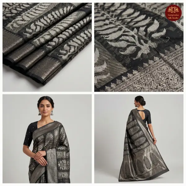 Black & Grey leaf design Pure cotton saree