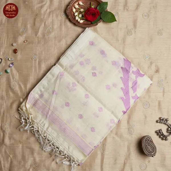 Cream with Pink Jamdhani Work Muga Cotton Silk Saree