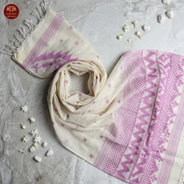 Cream with Pink Jamdhani Work Muga Cotton Silk Saree