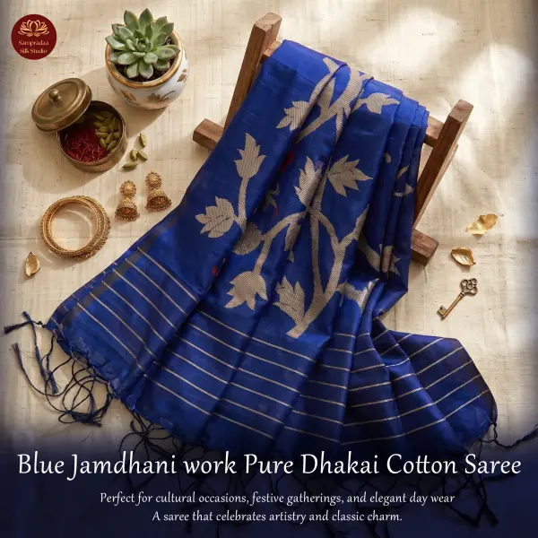 Blue Jamdhani work Pure Dhakai Cotton Silk Saree