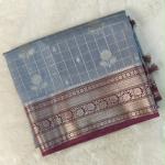Soft Organza Saree in Dual-Tone Grey with Rich Maroon Zari Border & Pallu
