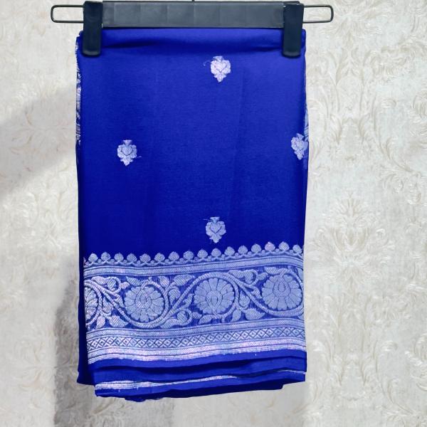 Banarasi Royal Blue Pure Khadi Chiffon Saree with Intricate Silver Zari Work