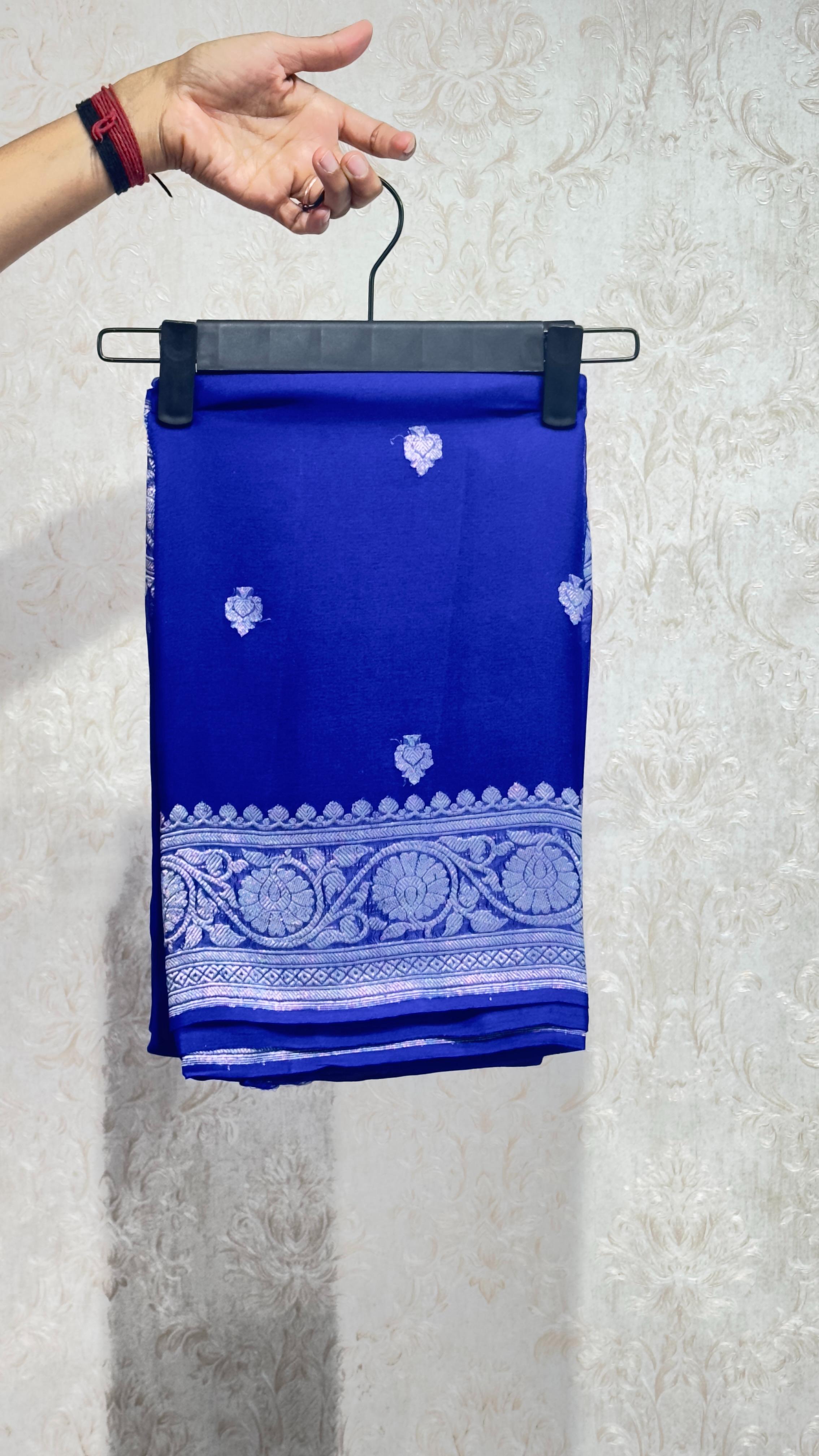 Banarasi Royal Blue Pure Khadi Chiffon Saree with Intricate Silver Zari Work