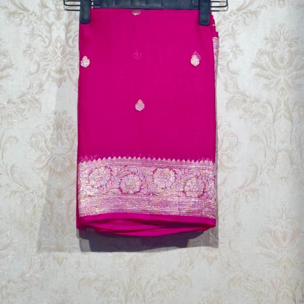 Banarasi Rani Pink Pure Khadi Chiffon Saree with Multi-Colored Zari Border