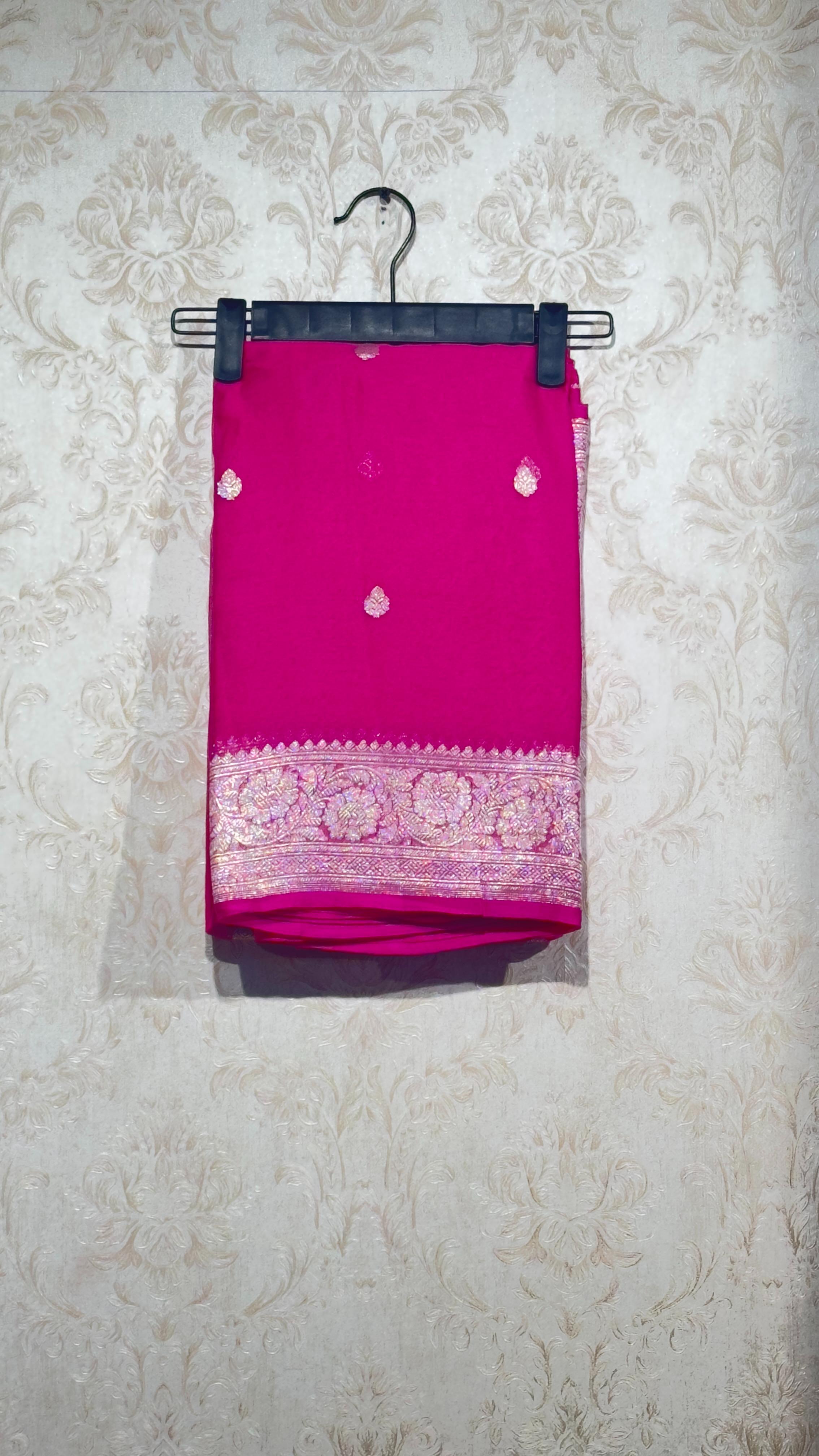 Banarasi Rani Pink Pure Khadi Chiffon Saree with Multi-Colored Zari Border
