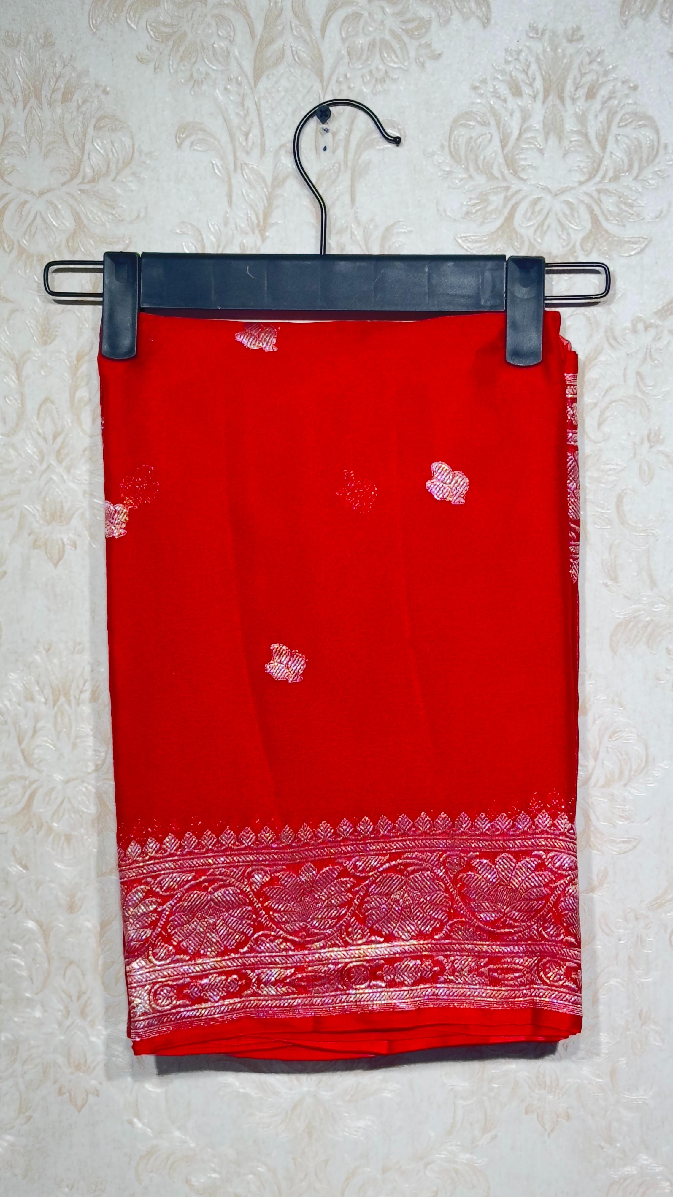 Banaras Cherry Red Pure Khadi Chiffon