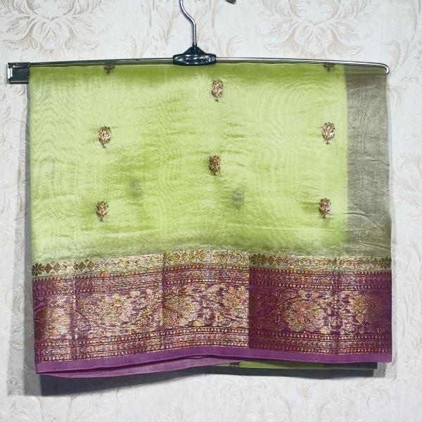 Pista Green Kora Organza Saree with Wine Border