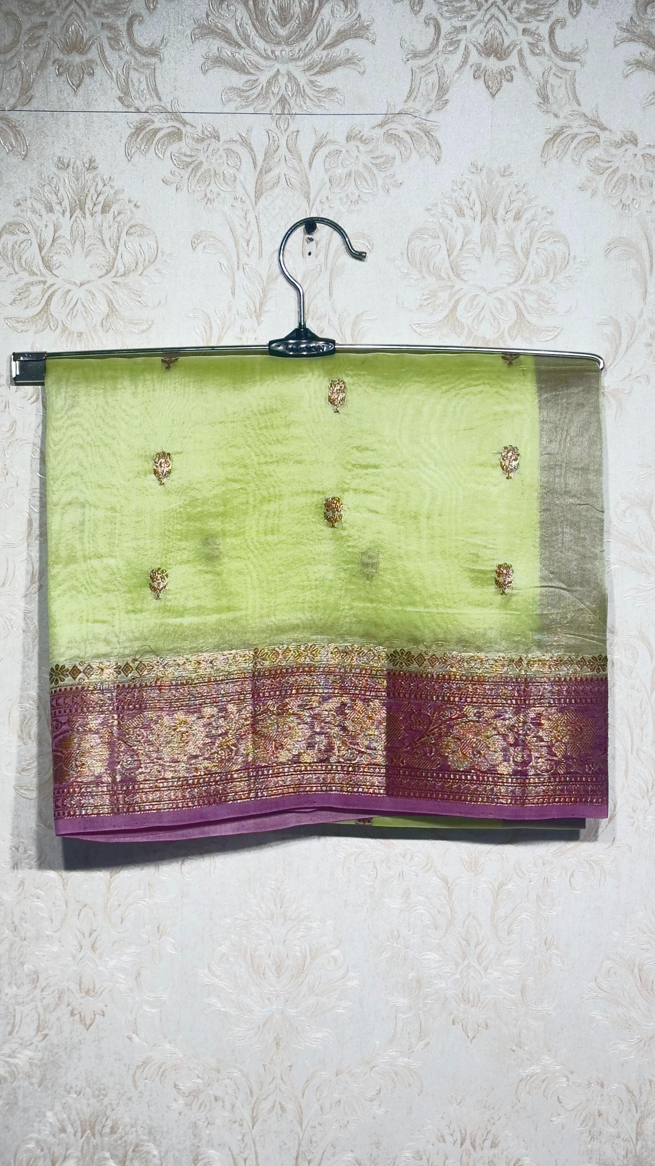 Pista Green Kora Organza Saree with Wine Border