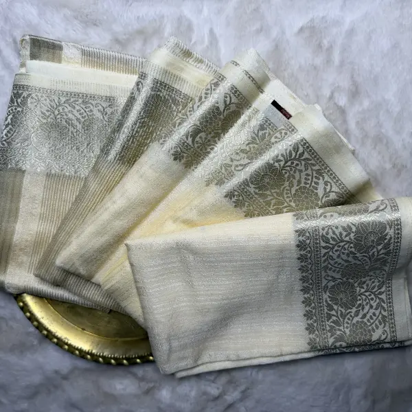 Milky white Silver border Cotton silk saree