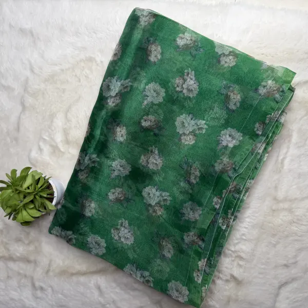 Green floral print soft organza saree