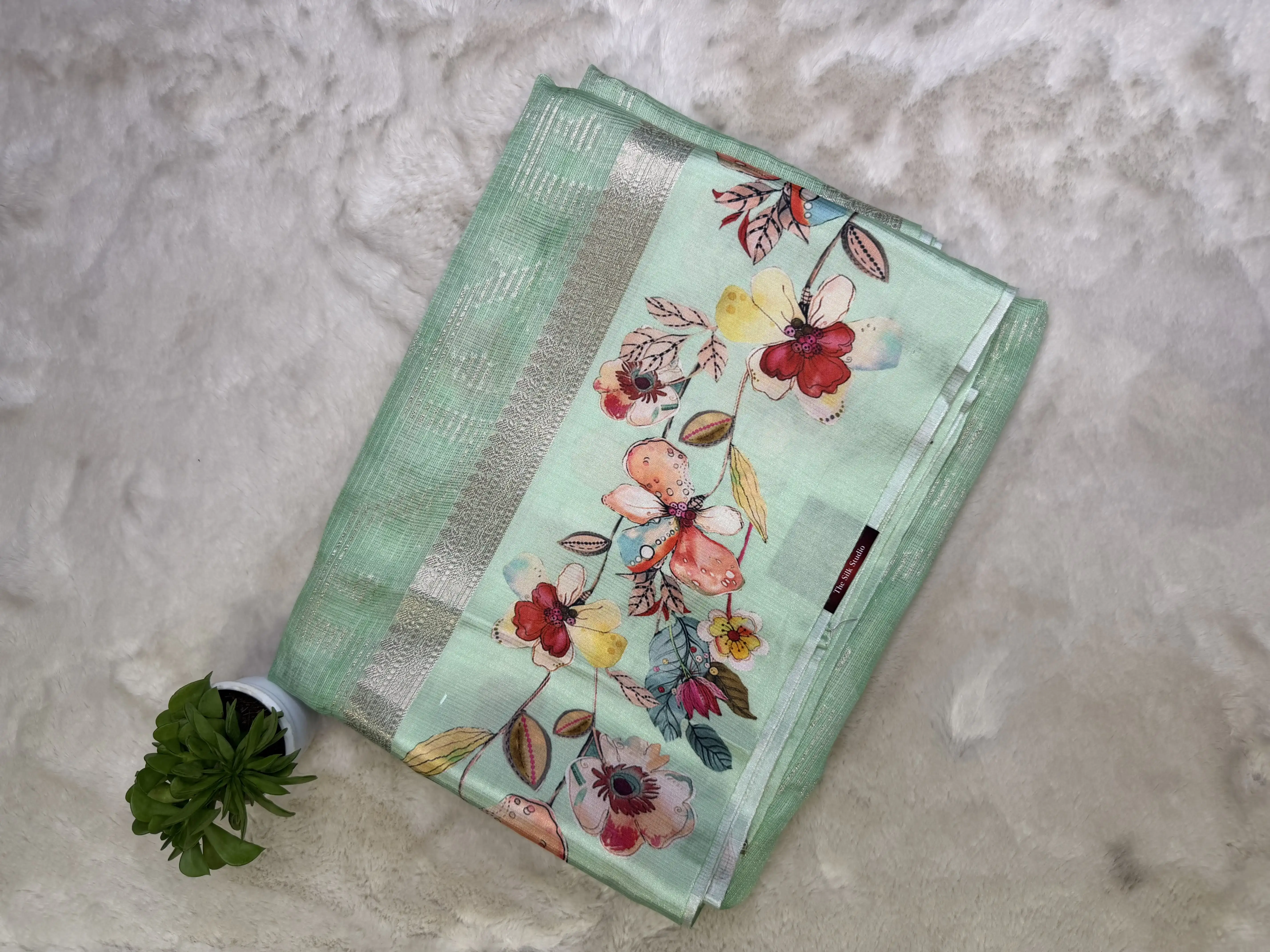 Pista green satin digital print border Kota Silk Saree