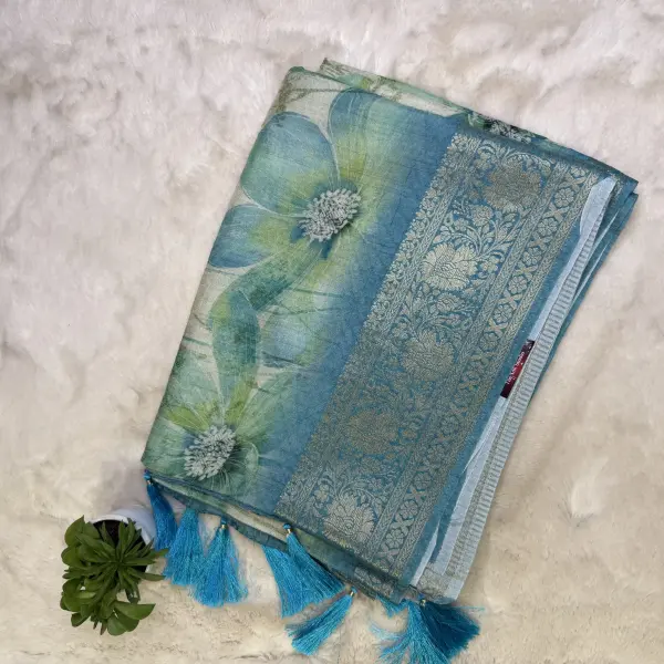 Blue floral print soft tussar silk saree