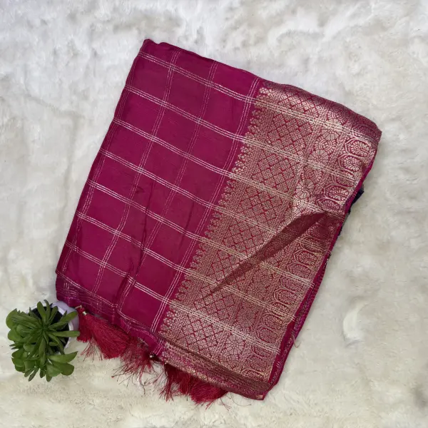 Rani Pink big checks Fancy Saree