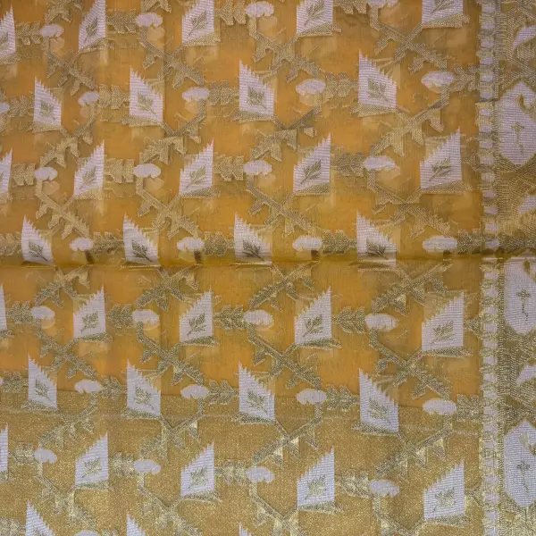 Mustard yellow cotton tissue fancy saree