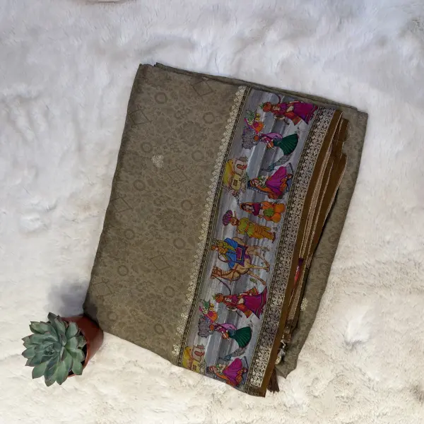 Beige digital print border semi crepe saree