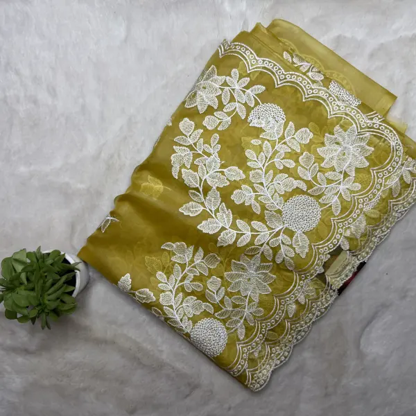 Yellow Thread work semi Organza saree