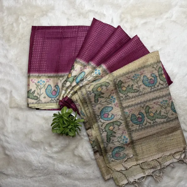 Dark Pink with peacock border Semi Tussar Saree