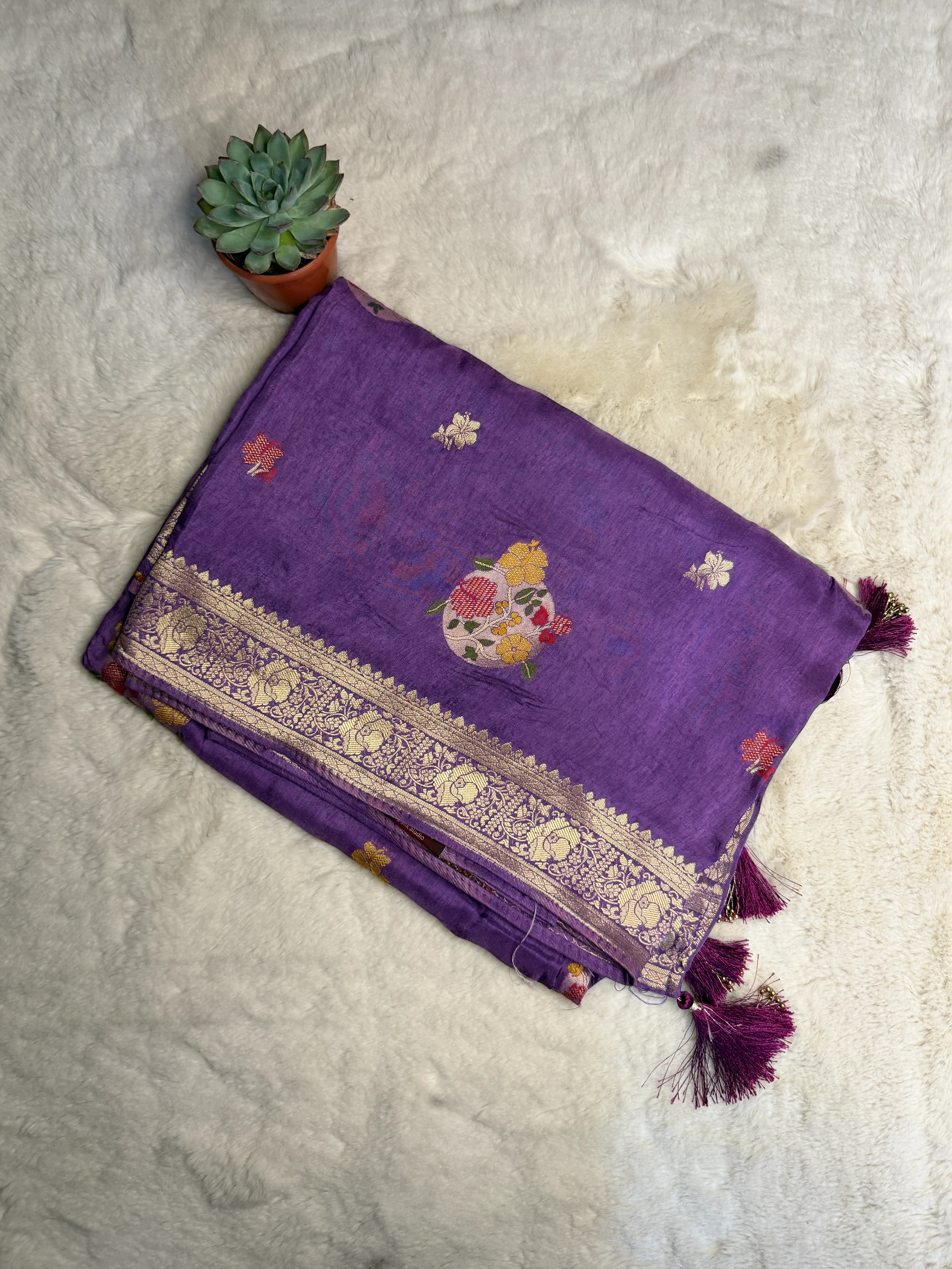 Purple Meenakari work Dola Silk saree