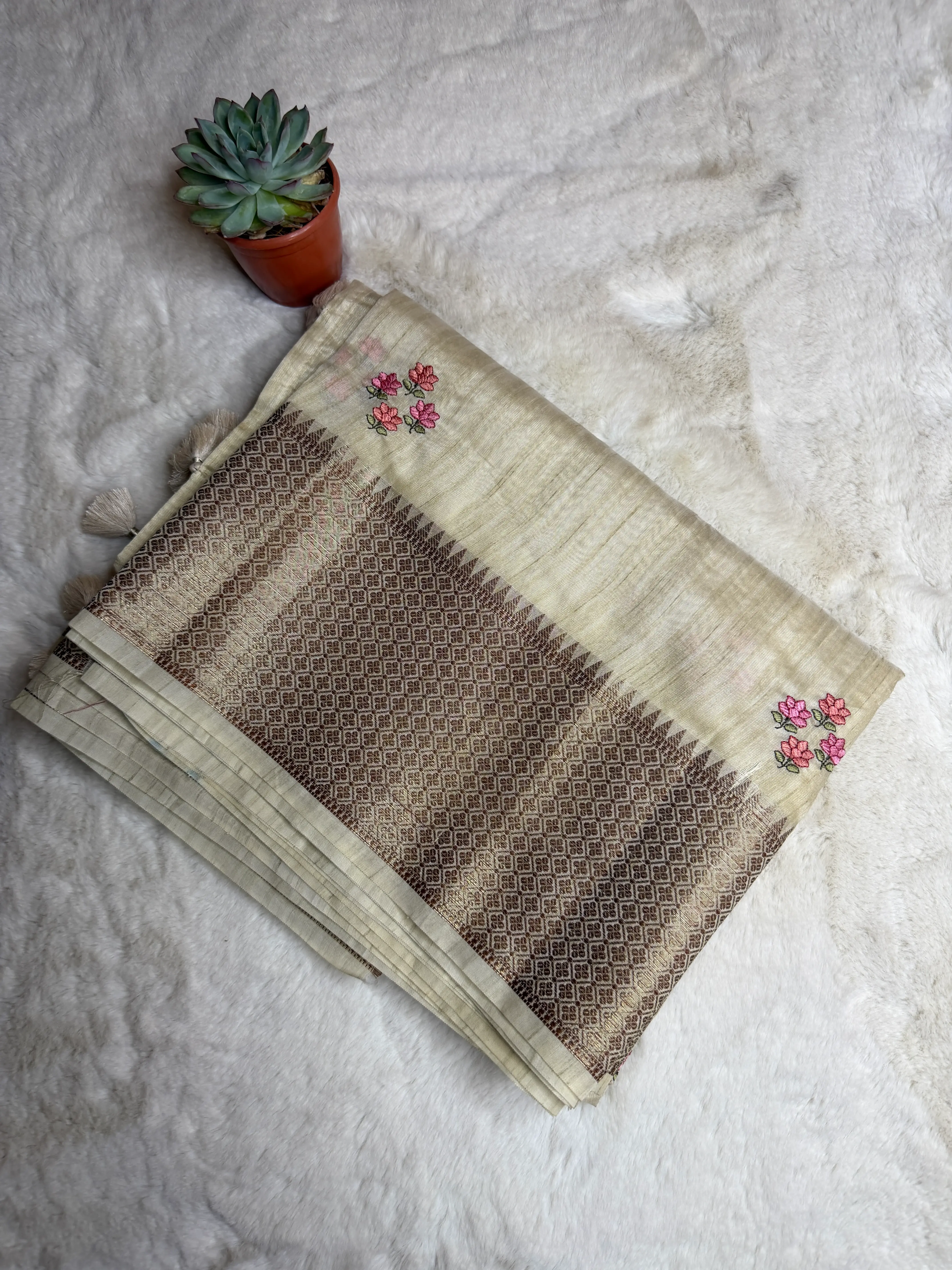 Cream with red thread work fancy saree