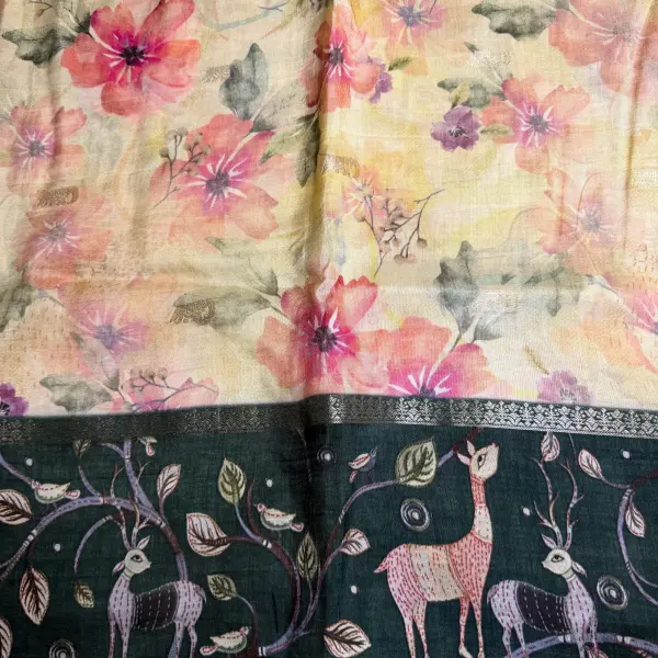 Cream with Green border digital print Semi crepe Saree