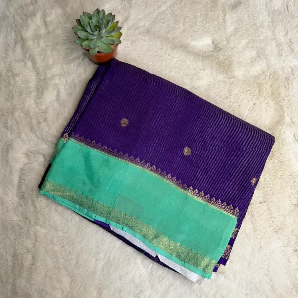Purple with Sea Green border Micro Stripes all over the body semi crepe Saree
