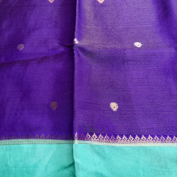 Purple with Sea Green border Micro Stripes all over the body semi crepe Saree