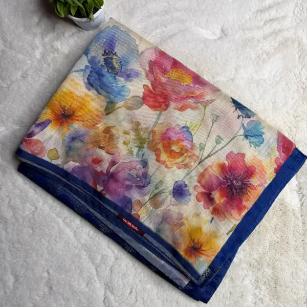 Blue with floral digital print big border fancy saree