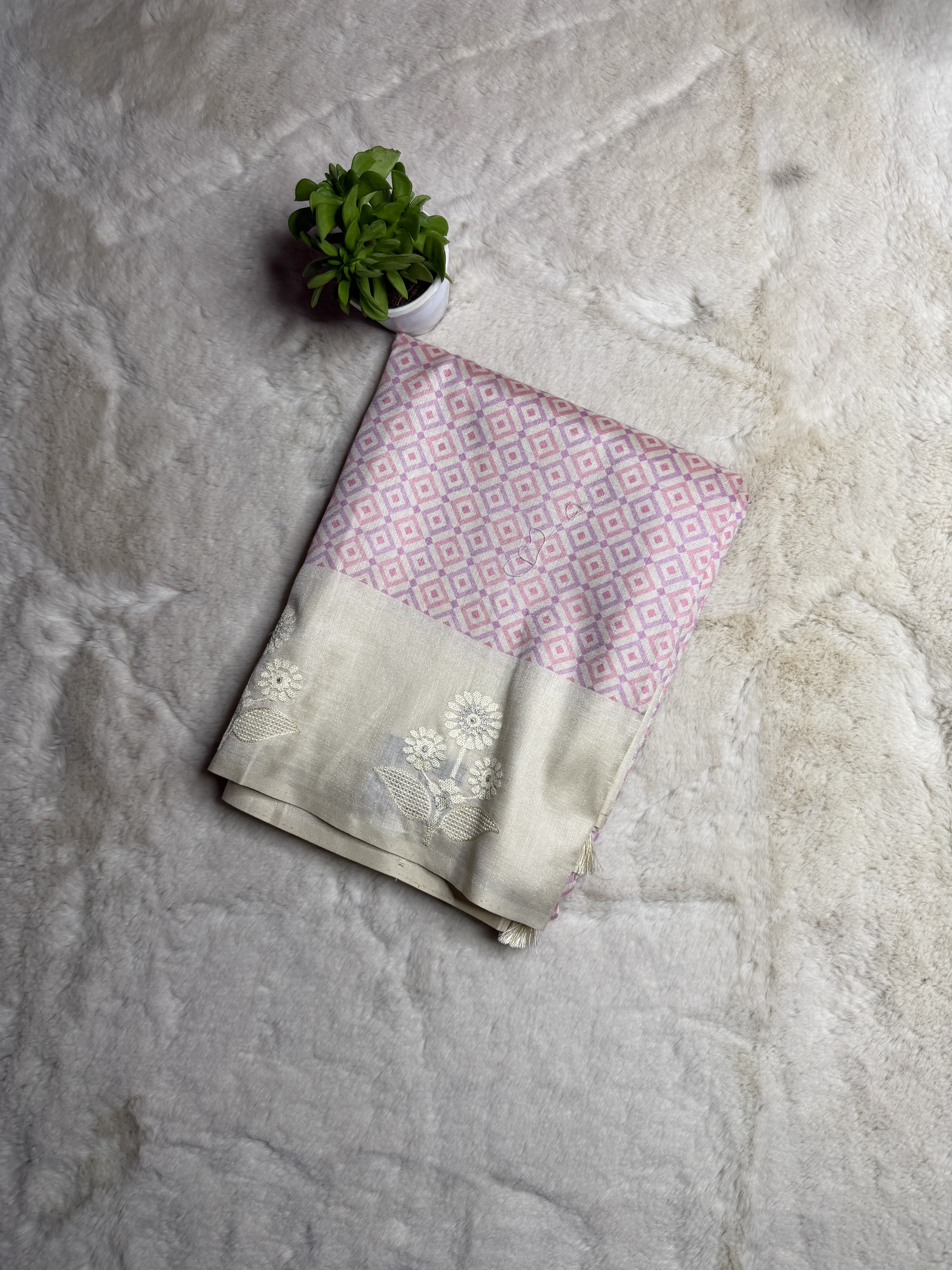 Pink checks with Satin border fancy Saree