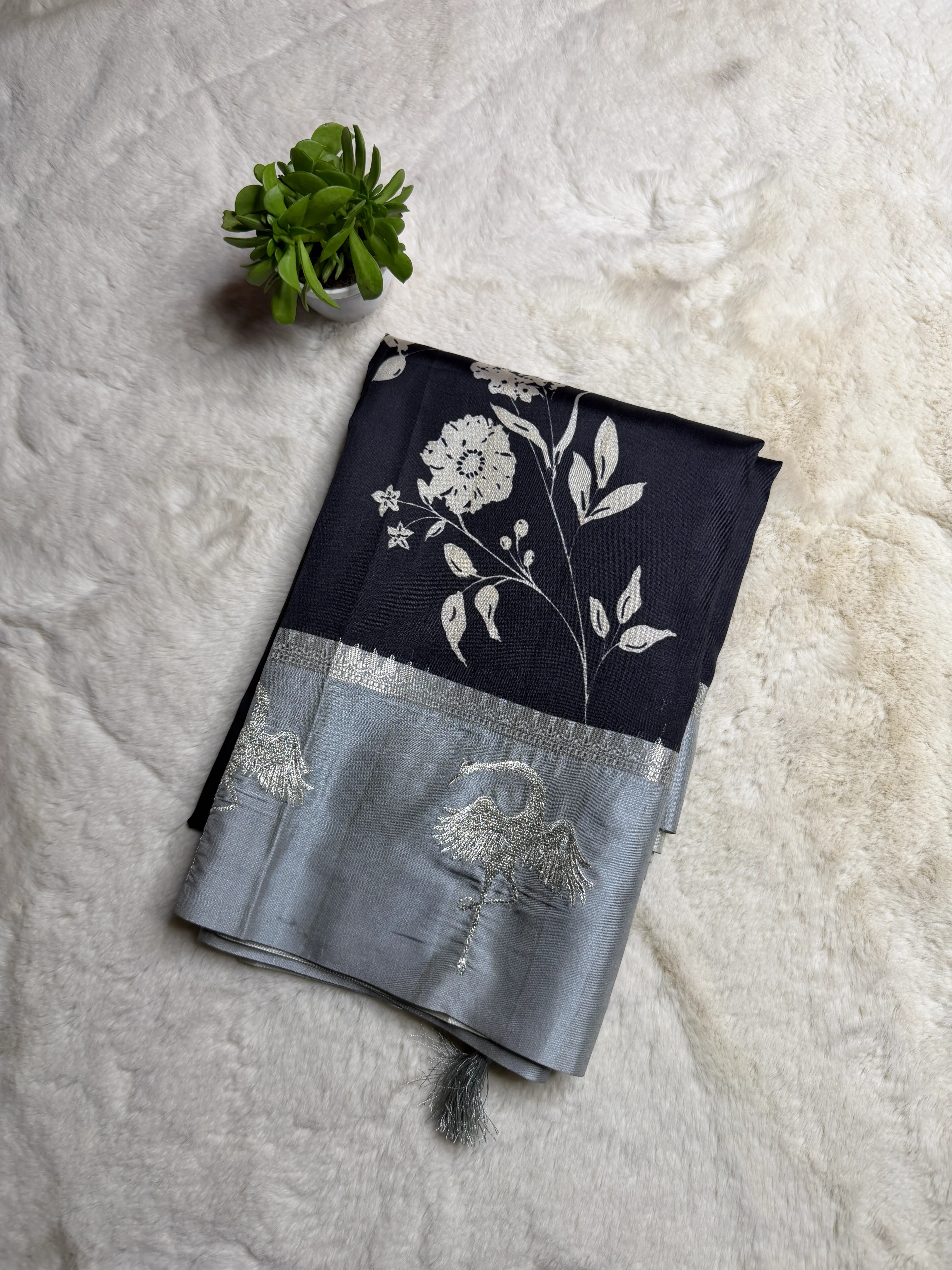 Black body with grey border floral digital print satin fancy saree