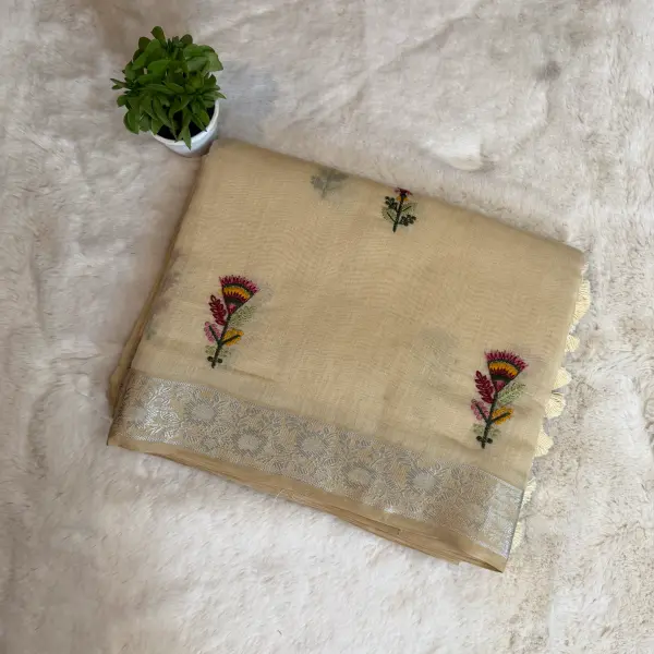 Cream Floral thread work fancy saree