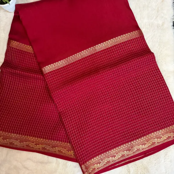 Red microchecks Gap border with contrast yellow Blouse Semi crepe Saree