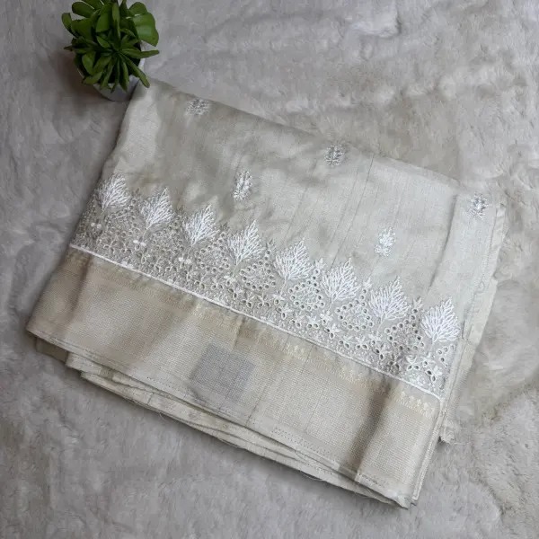 Cream Cut work in the border semi tussar saree