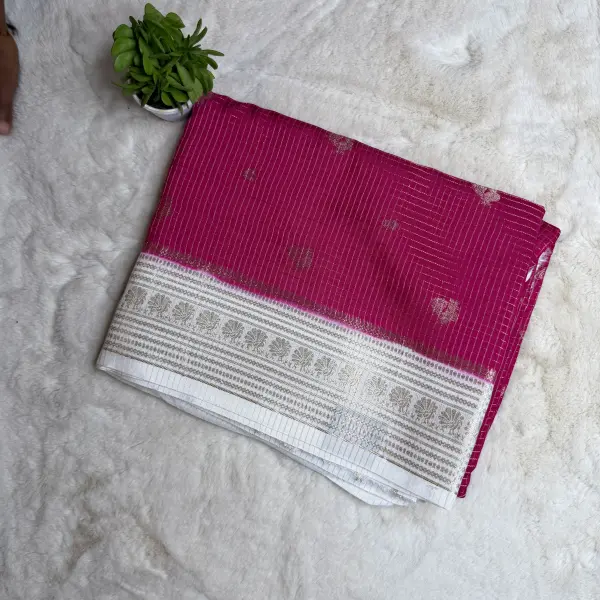 Red with Cream Microchecks all over the body with peacock motifs semi crepe saree