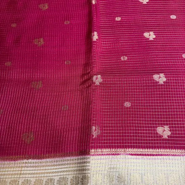 Red with Cream Microchecks all over the body with peacock motifs semi crepe saree