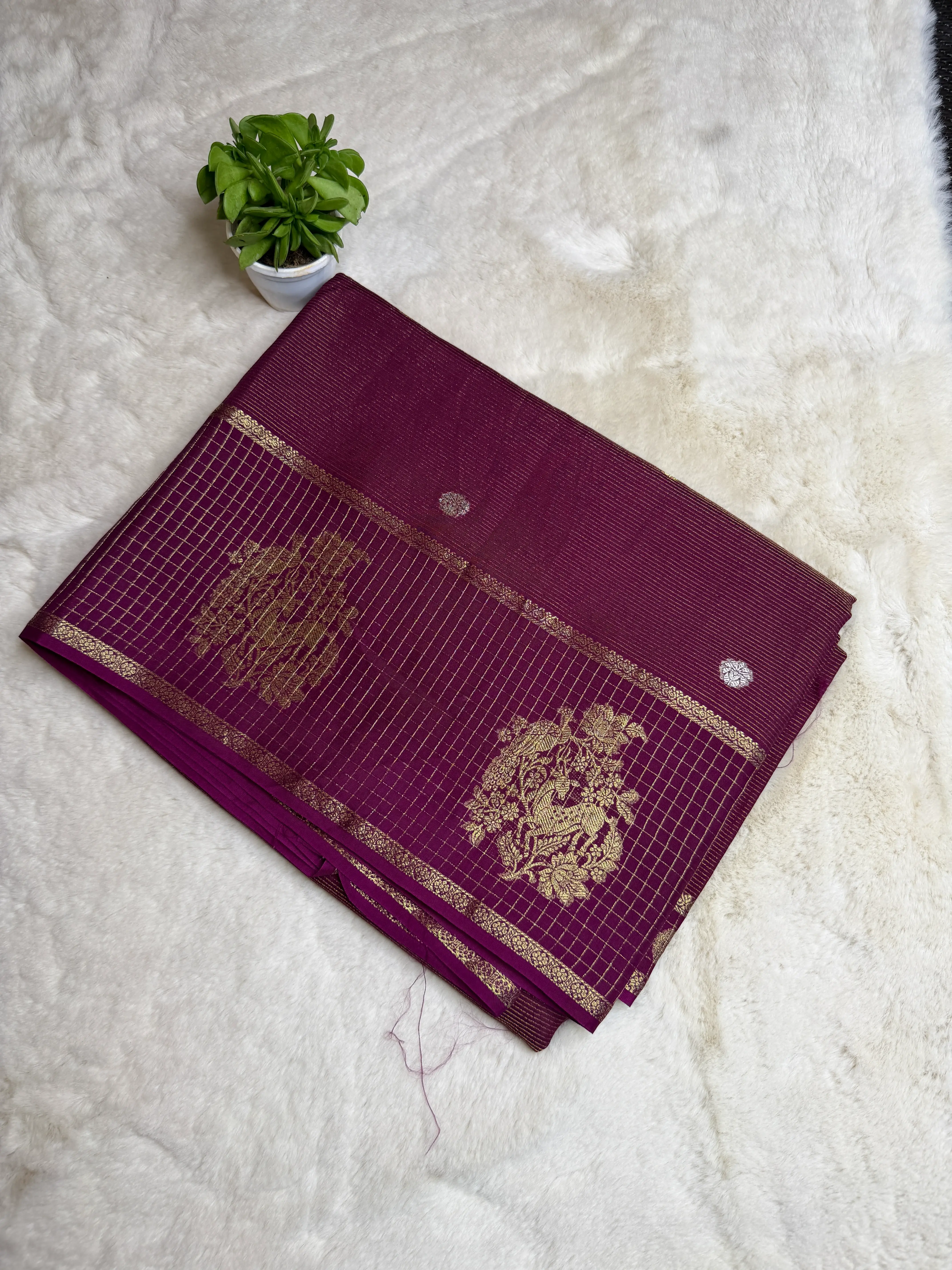 Wine with Checks border and thin Stripes semi crepe saree