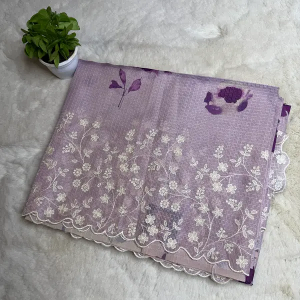 Lavender with digital print thread work scallop border Kota Saree