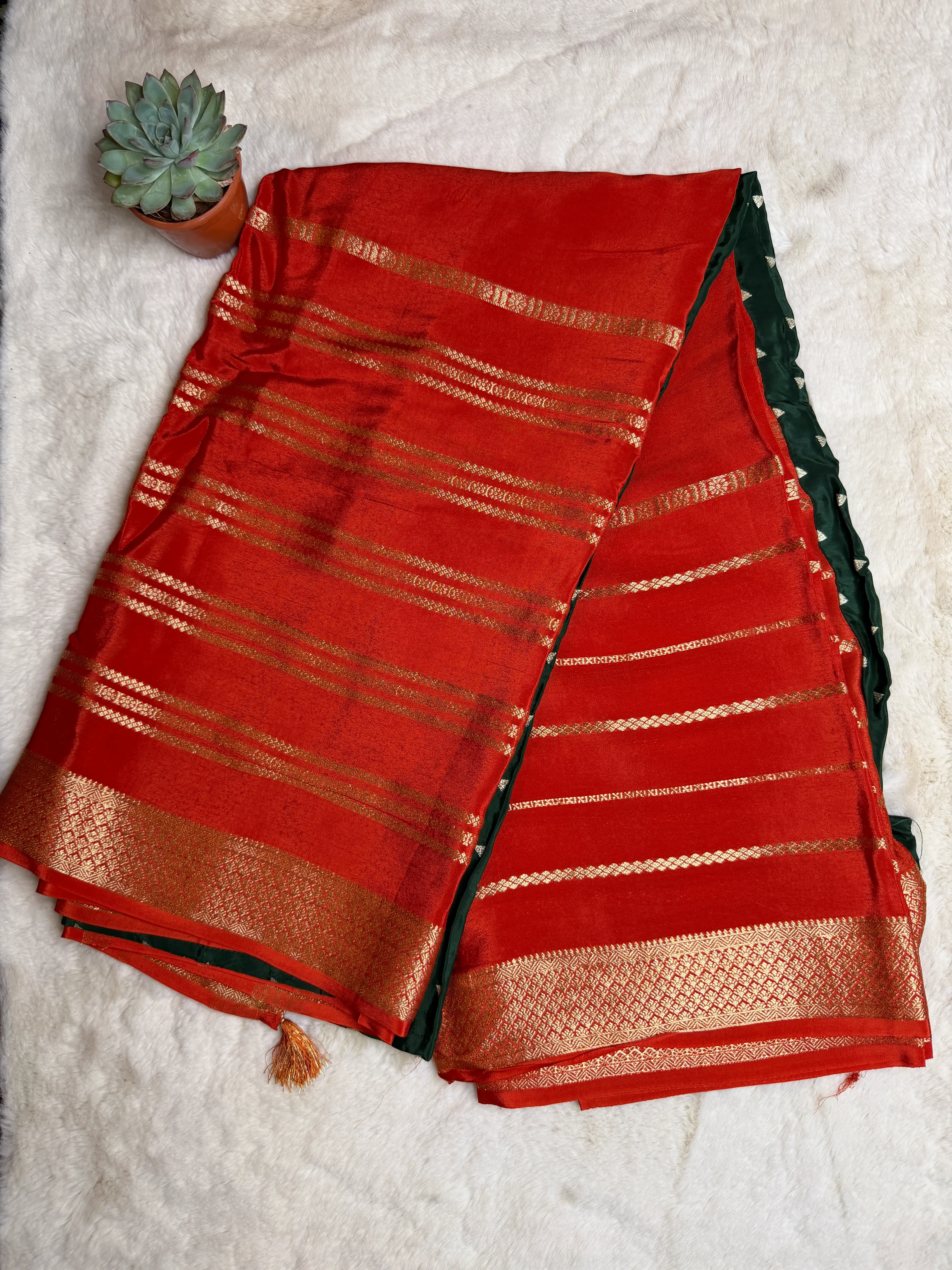 Red Stripes border Semi Crepe saree