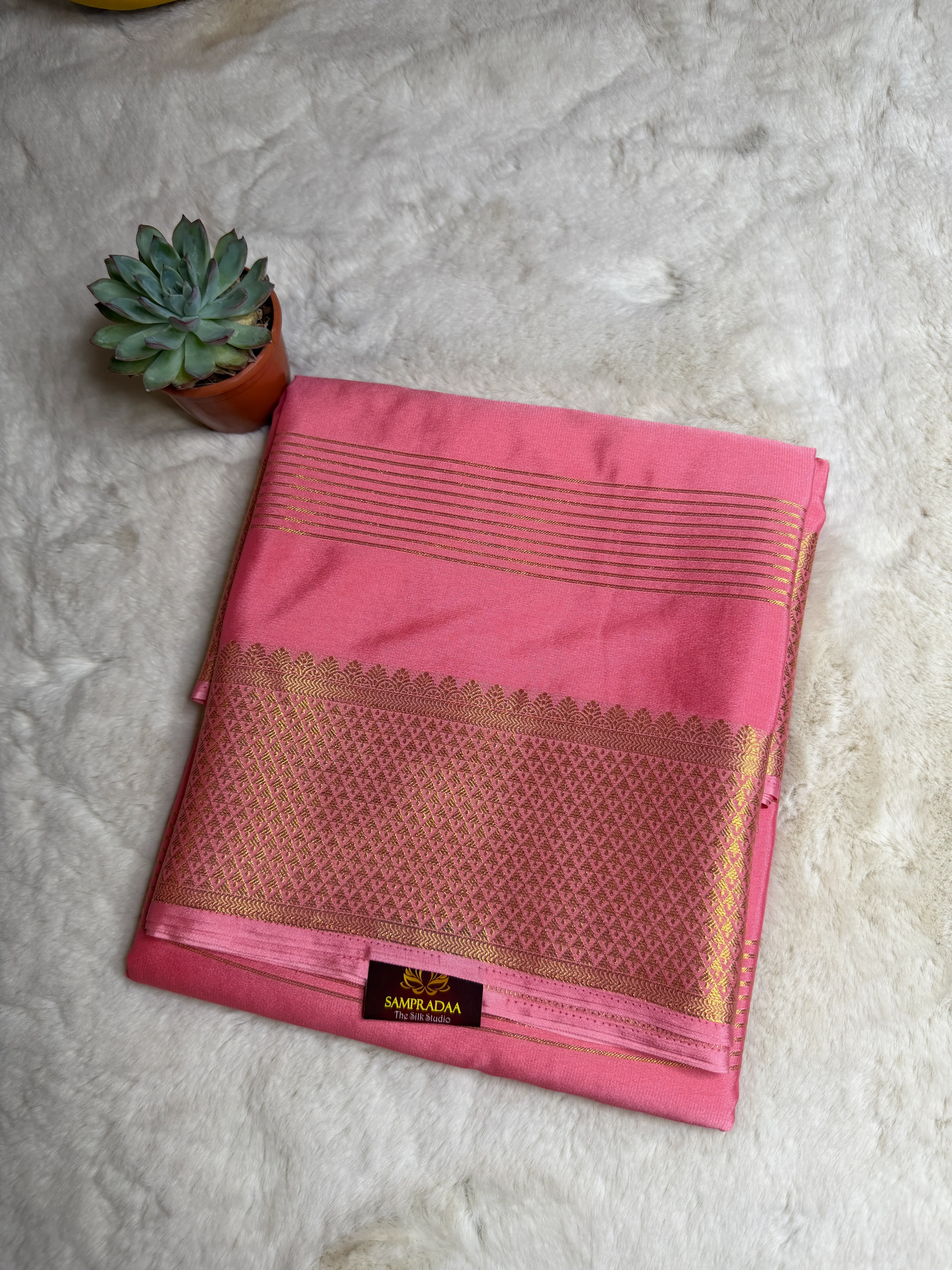 Rose Pink Stripes Semi Crepe Saree