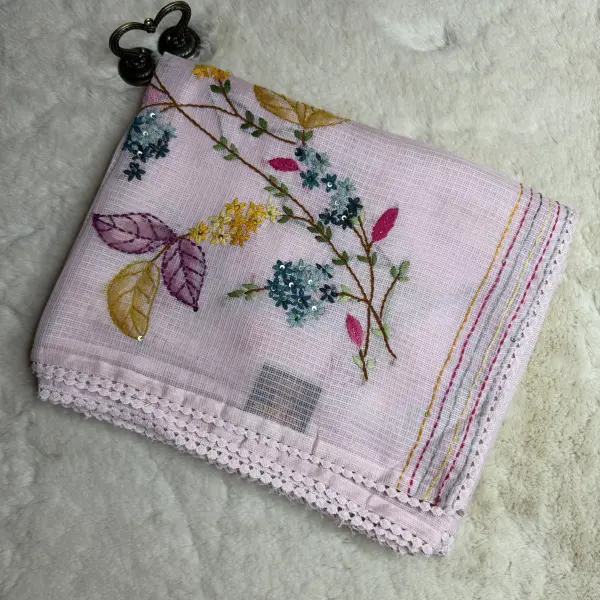 Knit Floral Work Pastel Kota Cotton Saree