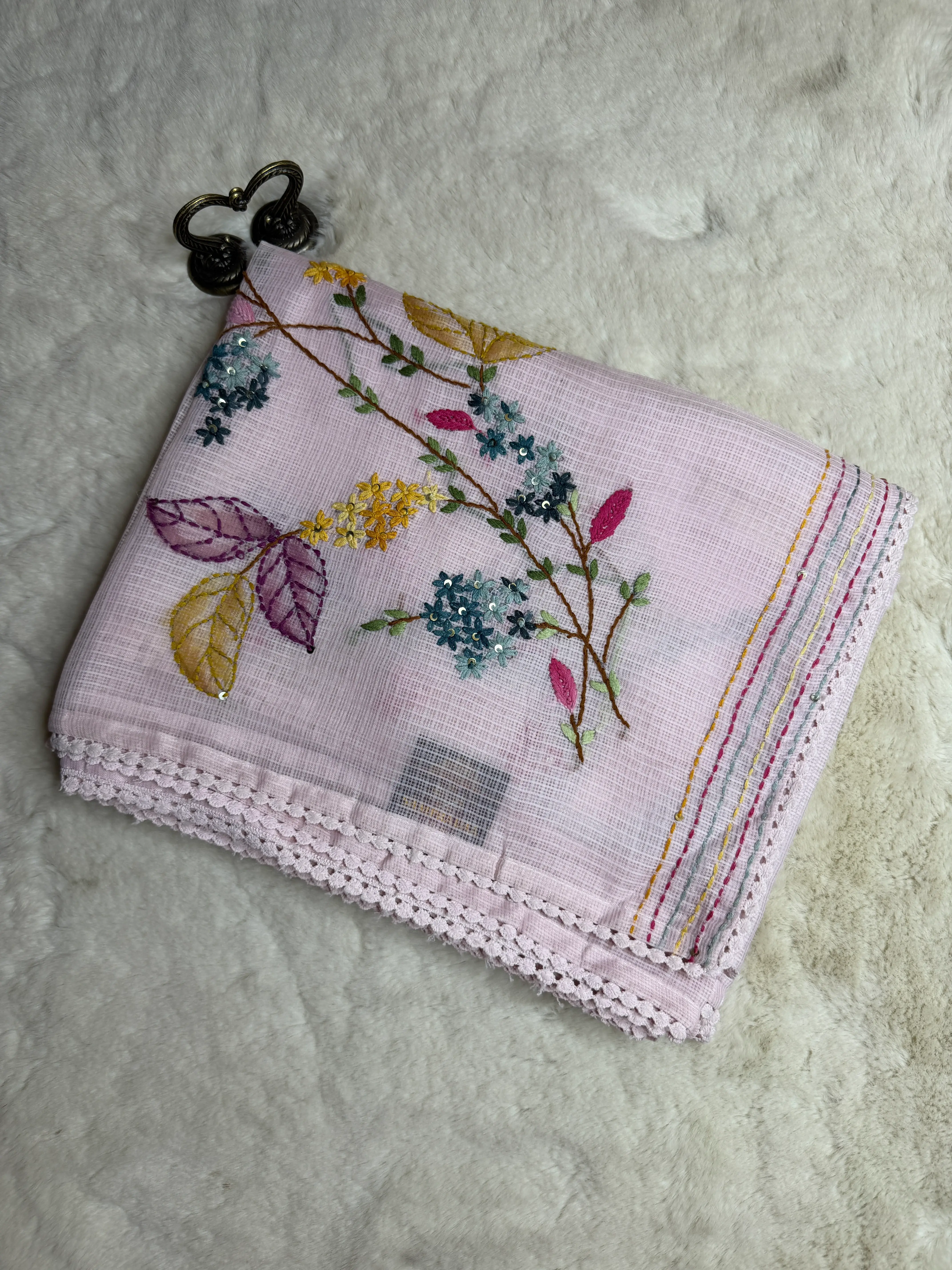 Knit Floral Work Pastel Kota Cotton Saree