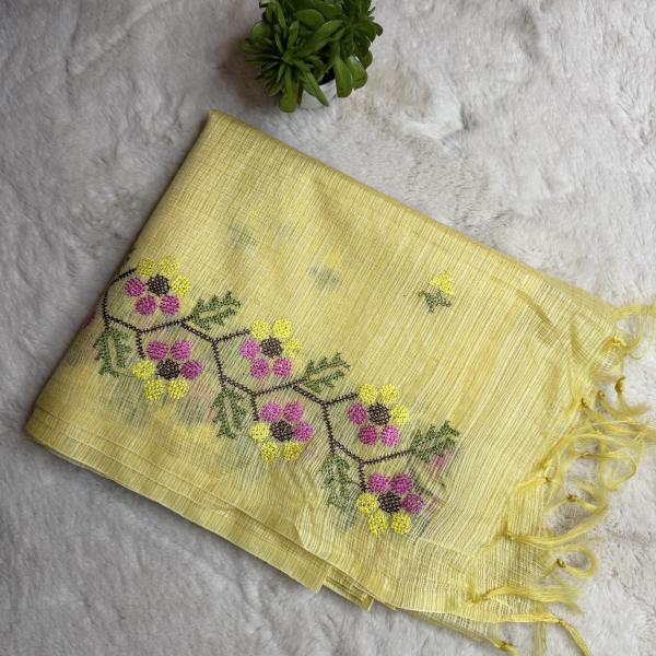Yellow With Floral Knit Work Kota Cotton Saree