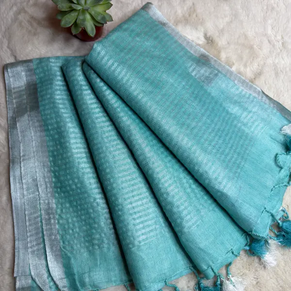 Sky Blue Plain Pure Lenin Saree
