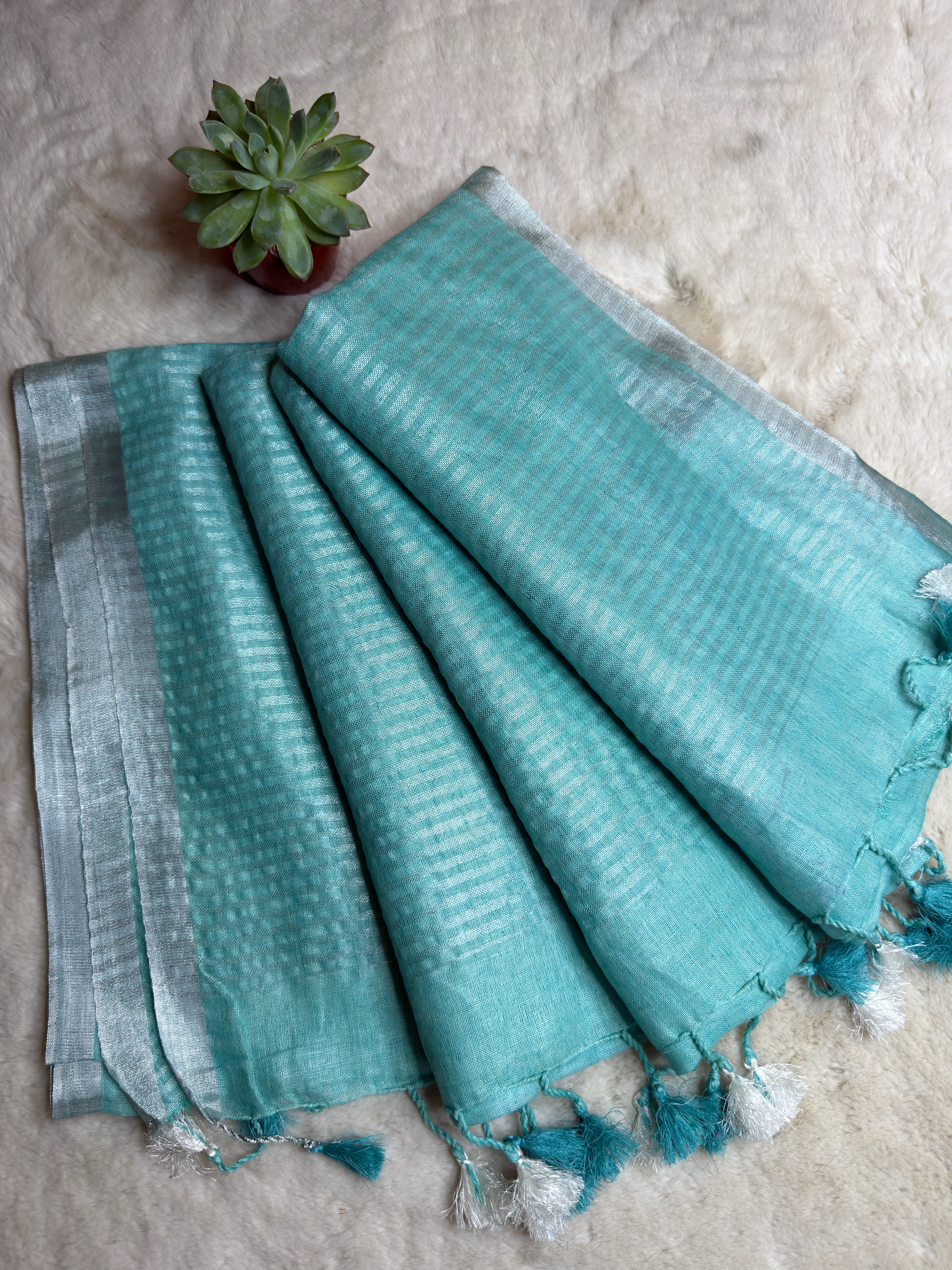 Sky Blue Plain Pure Lenin Saree