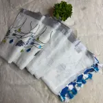 Cream Blue Half & Half Knot Work Pure Lenin Cotton Saree