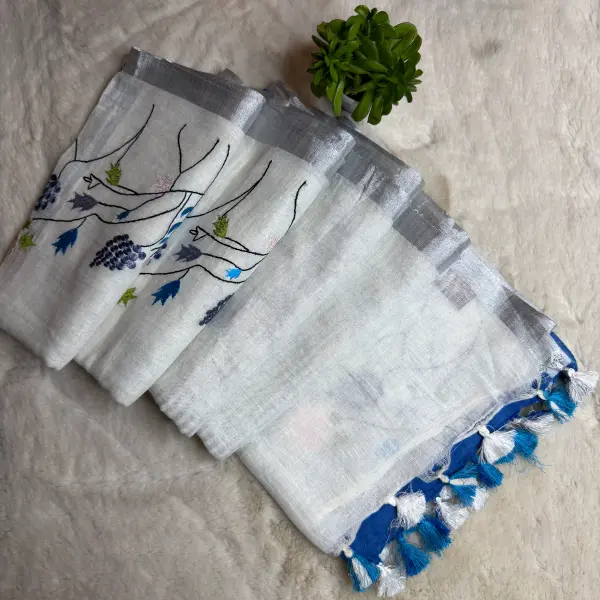 Cream Blue Half & Half Knot Work Pure Lenin Cotton Saree
