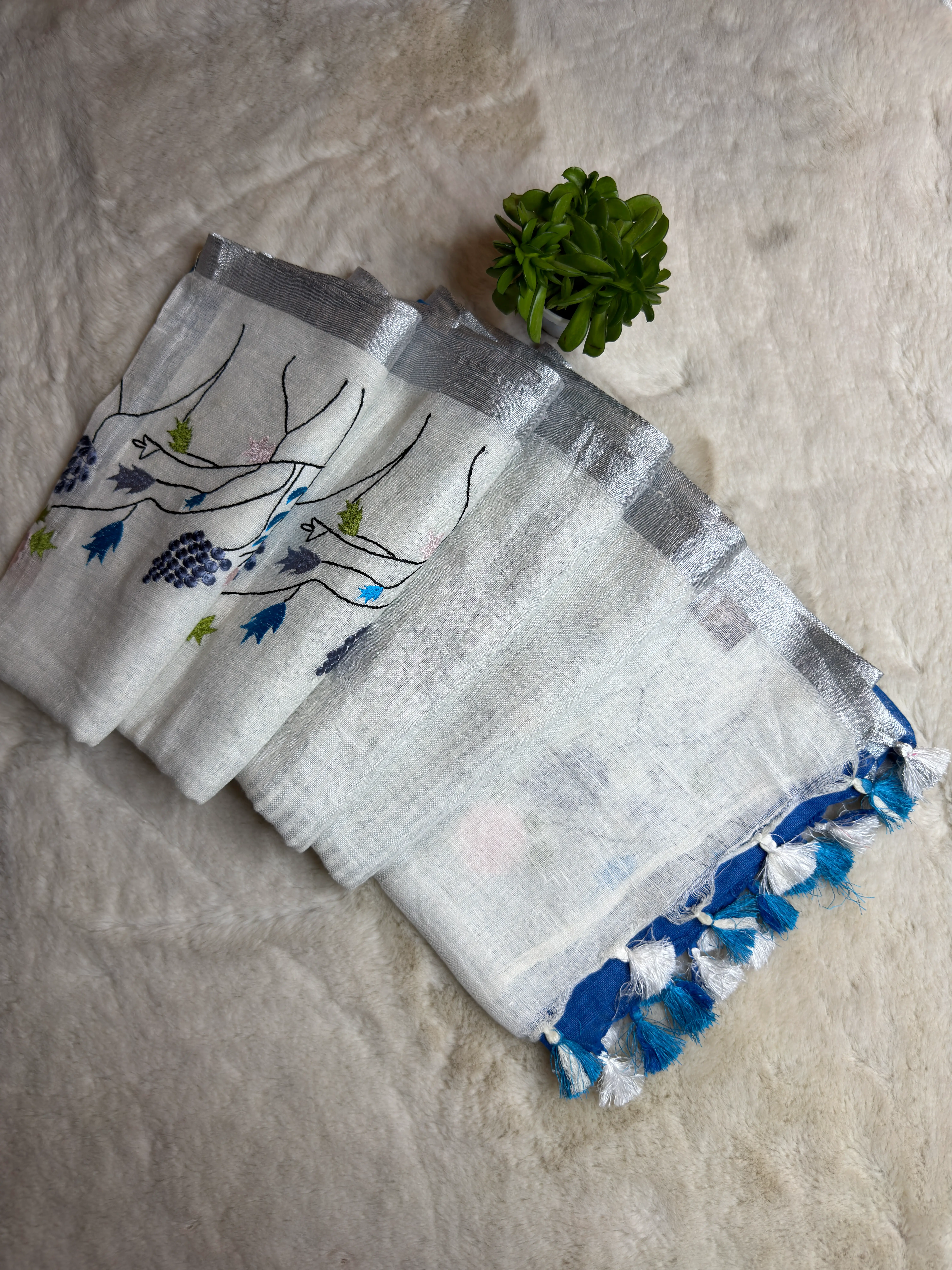 Cream Blue Half & Half Knot Work Pure Lenin Cotton Saree