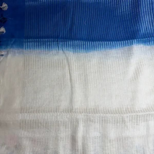 Cream Blue Half & Half Knot Work Pure Lenin Cotton Saree