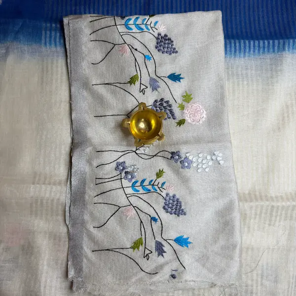 Cream Blue Half & Half Knot Work Pure Lenin Cotton Saree